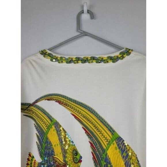 Vintage Lisa Ashley Womens Wearable Art Fish Cardigan Large White Embroidered - Picture 9 of 11